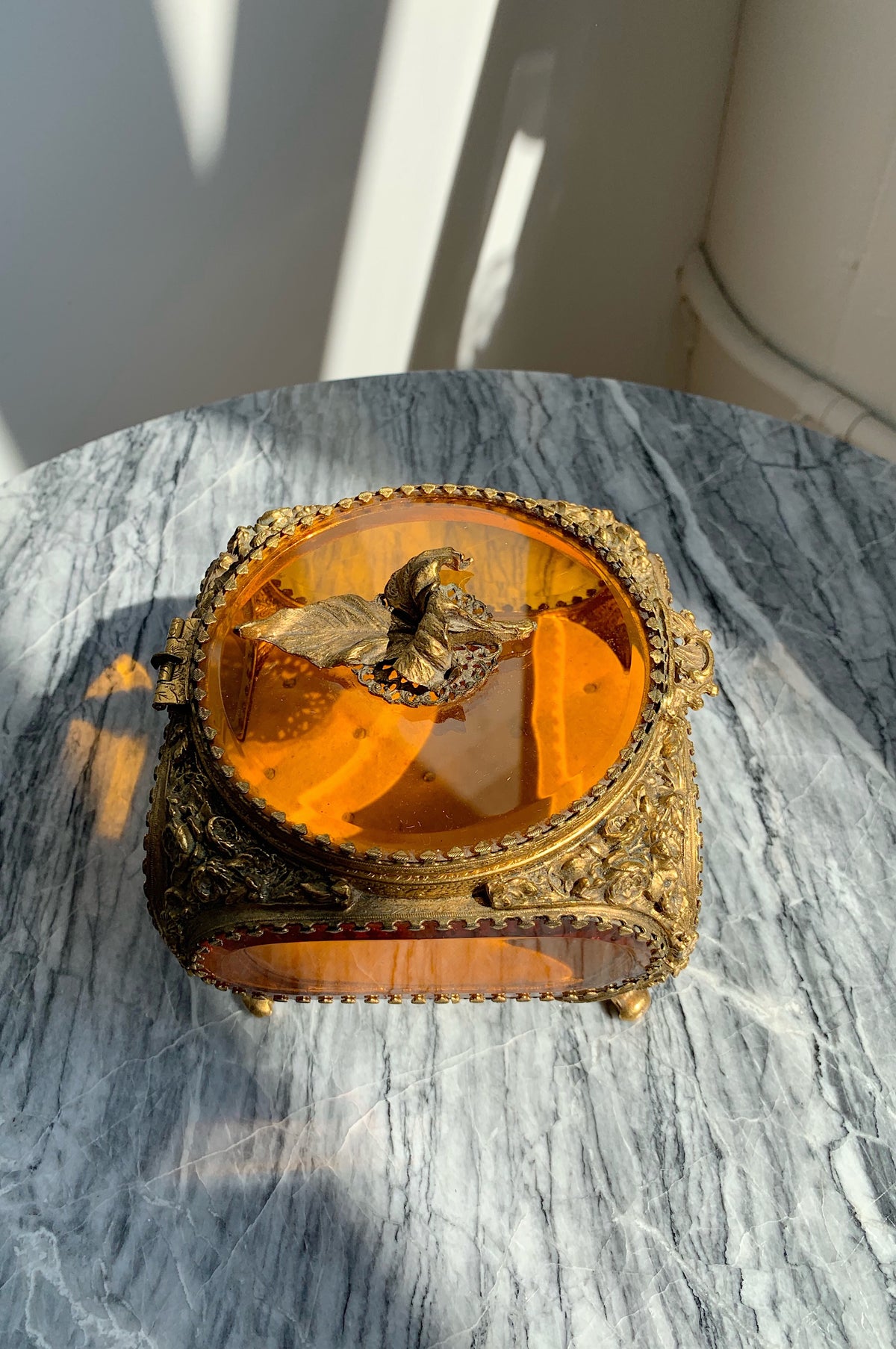 Antique Beveled Ormolu Glass Jewelry Box