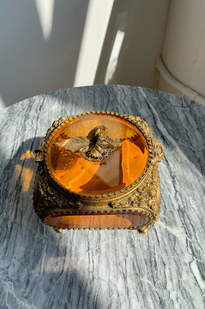 Antique Beveled Ormolu Glass Jewelry Box