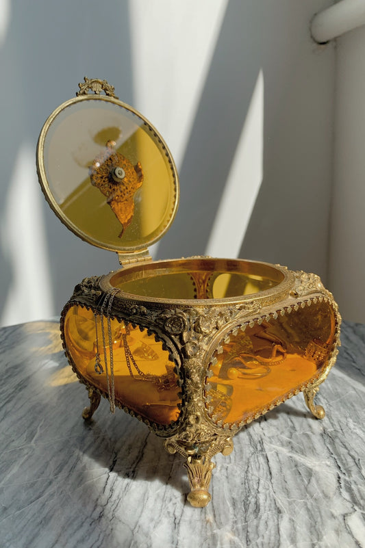 Antique Beveled Ormolu Glass Jewelry Box